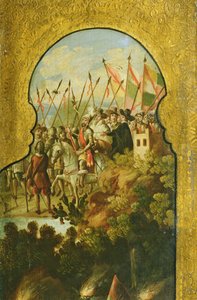 De aankomst van de Spanjaarden, geleid door Cortez, op het plateau van Mexico-Stad door Spanish School